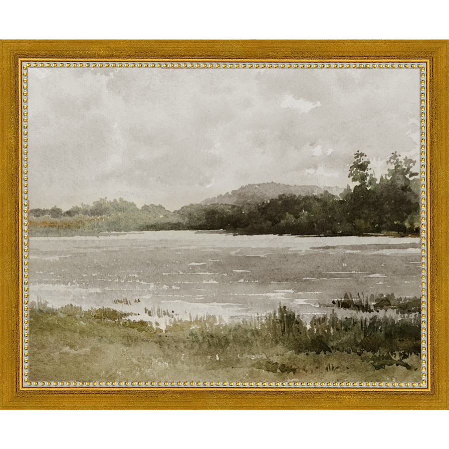 SA032-LAKESIDE Hand framed in a transitional gold frame. Finished Size: W 11.25 in x H 9.25 in