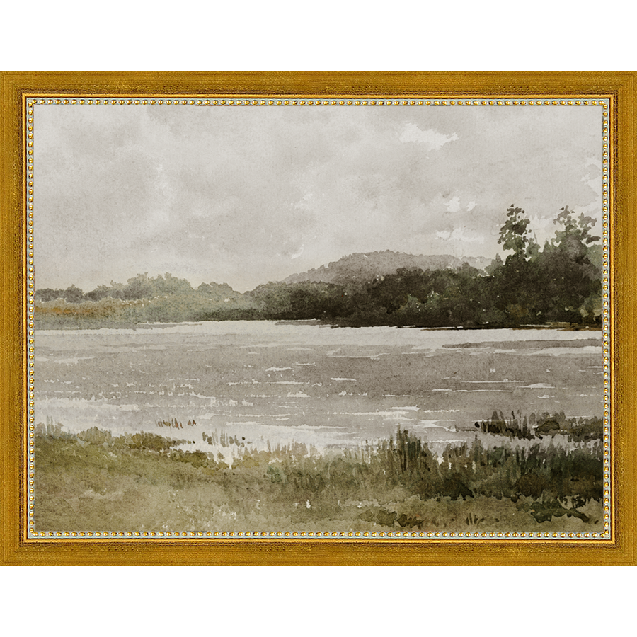 SA032-LAKESIDE Hand framed in a transitional gold frame. Finished Size: W 13.25 in x H 10.25 in
