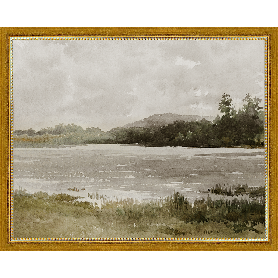 SA032-LAKESIDE Hand framed in a transitional gold frame. Finished Size: W 15.25 in x H 12.25 in
