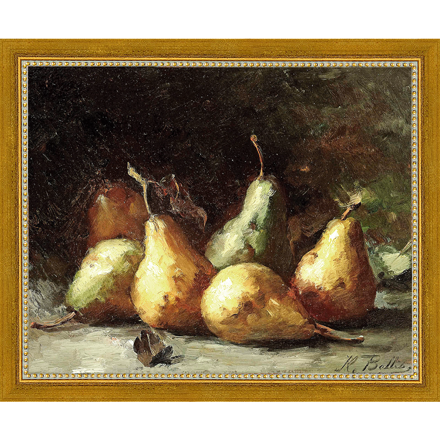 SA035-PEAR STILL LIFE Hand framed in a transitional gold frame. Finished Size: W 11.25 in x H 9.25 in