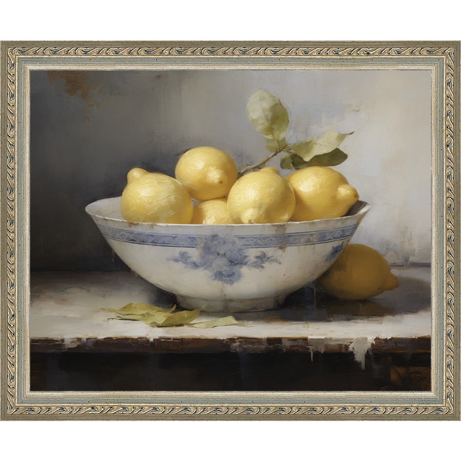 SA036-LEMONS IN BOWL Hand framed in an ornate dark silver frame. Finished Size: W 11.25 in x H 9.25 in