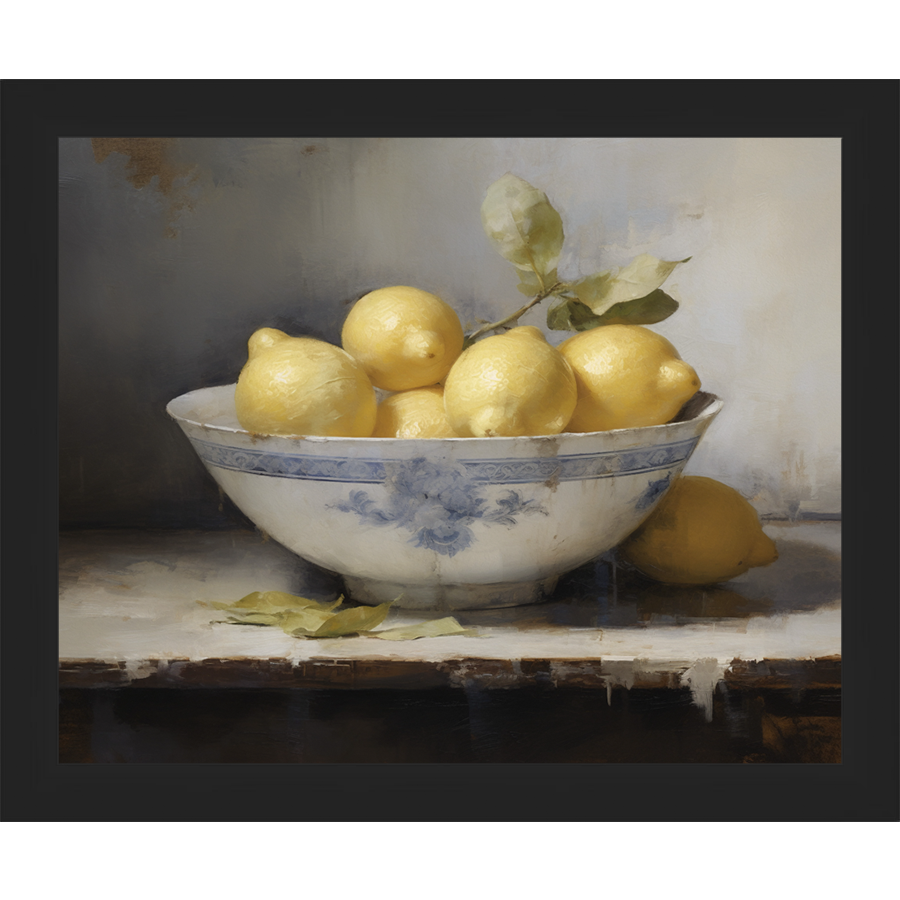 SA036-LEMONS IN BOWL Hand framed in a matte black frame. Finished Size: W 11.25 in x H 9.25 in