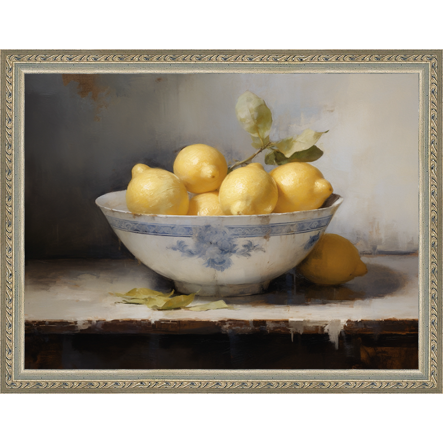 SA036-LEMONS IN BOWL Hand framed in an ornate dark silver frame. Finished Size: W 13.25 in x H 10.25 in