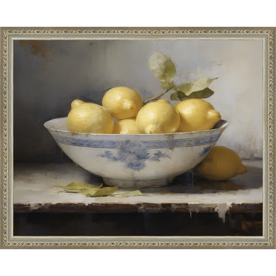 SA036-LEMONS IN BOWL Hand framed in an ornate dark silver frame. Finished Size: W 15.25 in x H 12.25 in