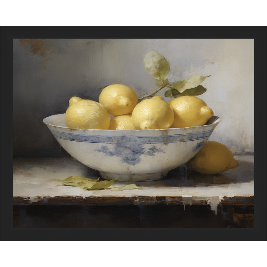 SA036-LEMONS IN BOWL Hand framed in a matte black frame. Finished Size: W 15.25 in x H 12.25 in