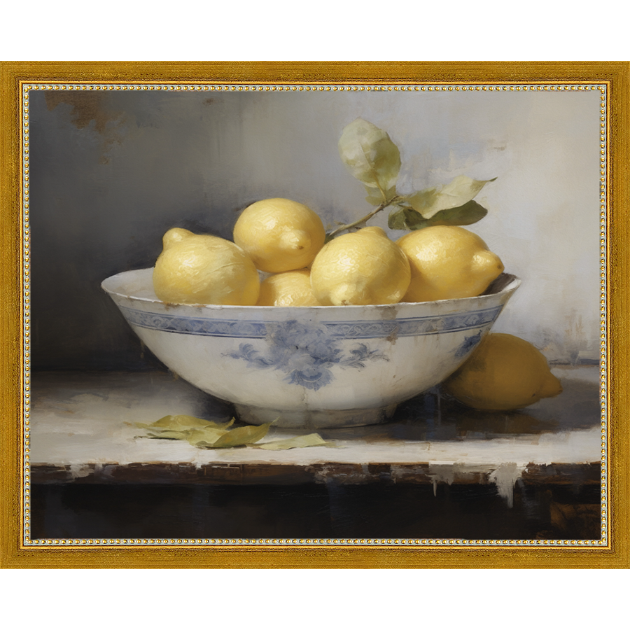 SA036-LEMONS IN BOWL Hand framed in a transitional gold frame. Finished Size: W 15.25 in x H 12.25 in