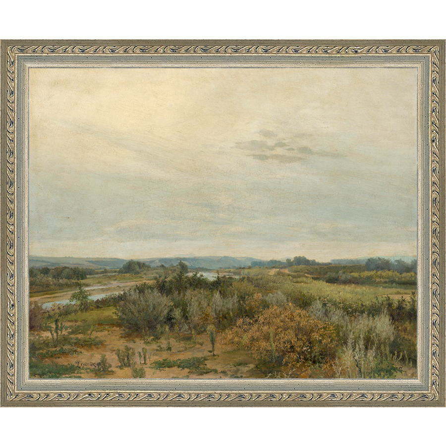 SA041-LANDSCAPE WITH RIVER Hand framed in an ornate dark silver frame. Finished Size: W 11.25 in x H 9.25 in