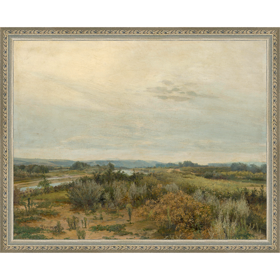 SA041-LANDSCAPE WITH RIVER Hand framed in an ornate dark silver frame. Finished Size: W 15.25 in x H 12.25 in