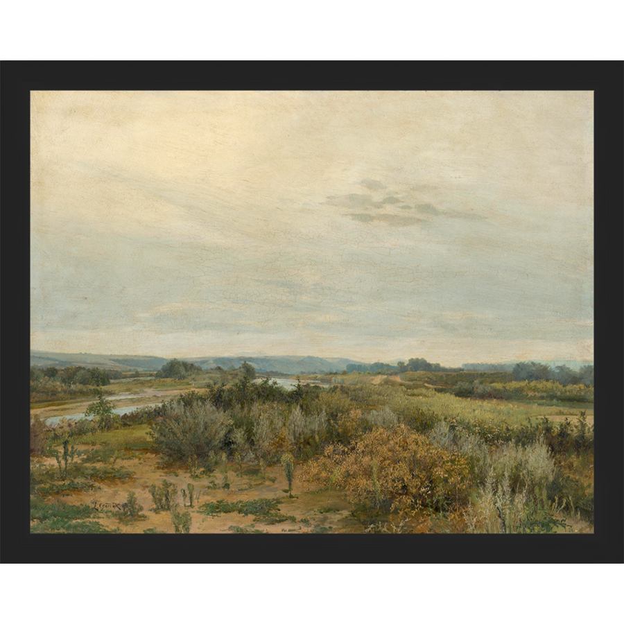 SA041-LANDSCAPE WITH RIVER Hand framed in a matte black frame. Finished Size: W 15.25 in x H 12.25 in