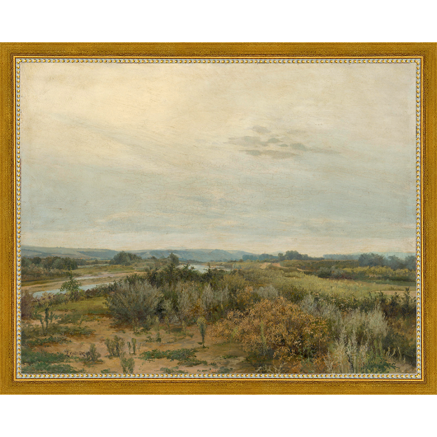 SA041-LANDSCAPE WITH RIVER Hand framed in a transitional gold frame. Finished Size: W 15.25 in x H 12.25 in
