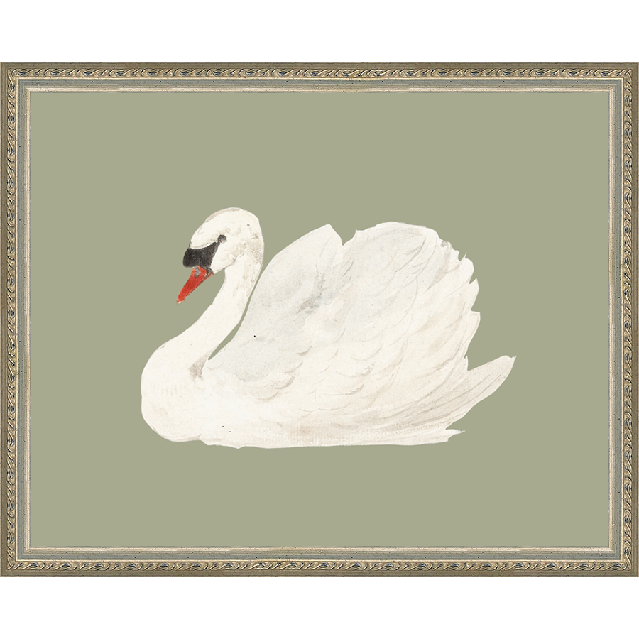 SA045-SWAN ON CELADON FIELD Hand framed in an ornate dark silver frame. Finished Size: W 15.25 in x H 12.25 in
