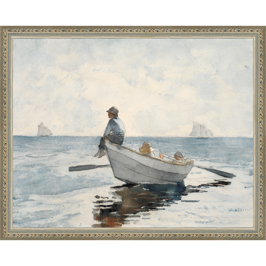 SA046-ROWBOAT Hand framed in an ornate dark silver frame. Finished Size: W 15.25 in x H 12.25 in