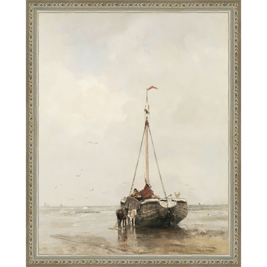 SA055-AWAITING THE TIDE Hand framed in an ornate dark silver frame. Finished Size: W 12.25 in x H 15.25 in
