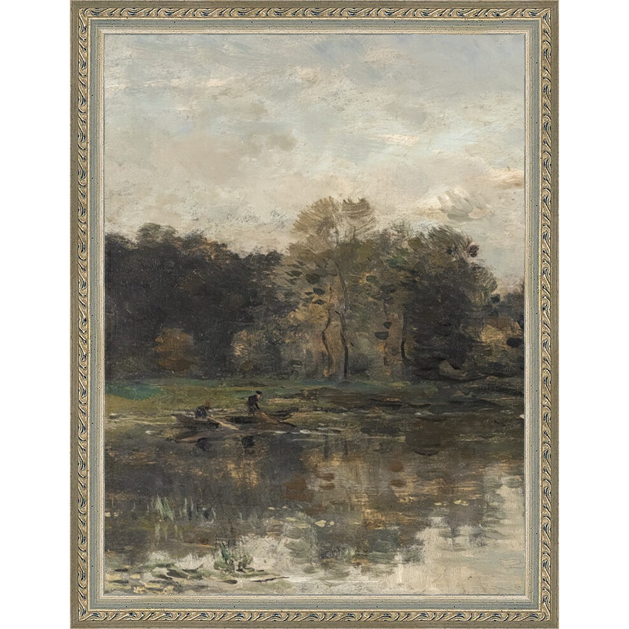 SA068-LAKE TRIPTYCH I (LEFT) Hand framed in an ornate dark silver frame. Finished Size: W 10.25 in x H 13.25 in