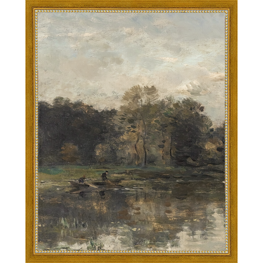 SA068-LAKE TRIPTYCH I (LEFT) Hand framed in a transitional gold frame. Finished Size: W 12.25 in x H 15.25 in