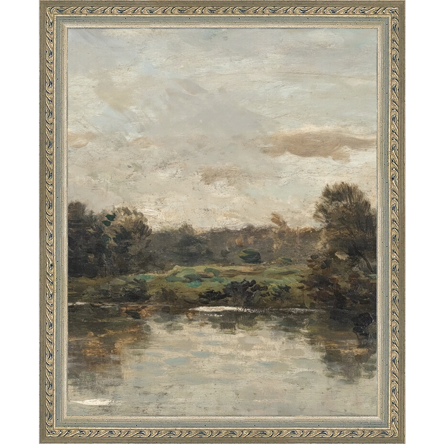 SA069-LAKE TRIPTYCH II (CENTER) Hand framed in an ornate dark silver frame. Finished Size: W 9.25 in x H 11.25 in