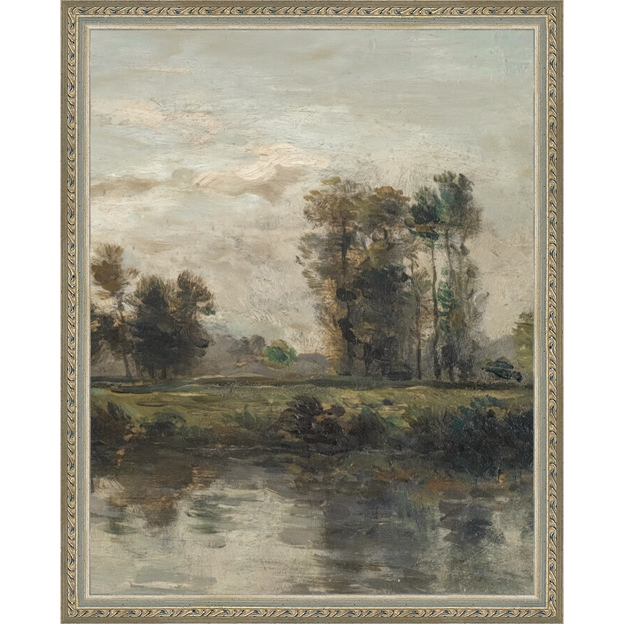 SA070-LAKE TRIPTYCH III (RIGHT) Hand framed in an ornate dark silver frame. Finished Size: W 12.25 in x H 15.25 in