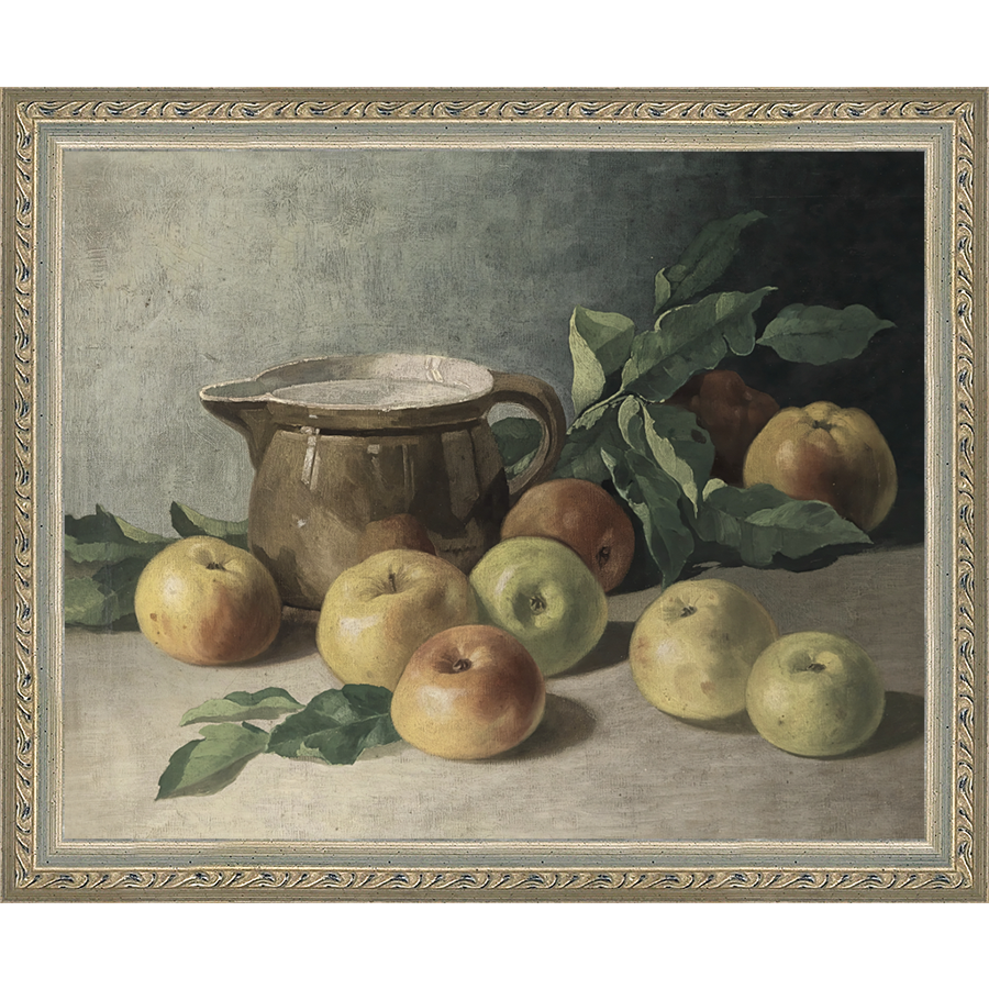SA071-PITCHER & APPLES Hand framed in an ornate dark silver frame. Finished Size: W 11.25 in x H 9.25 in
