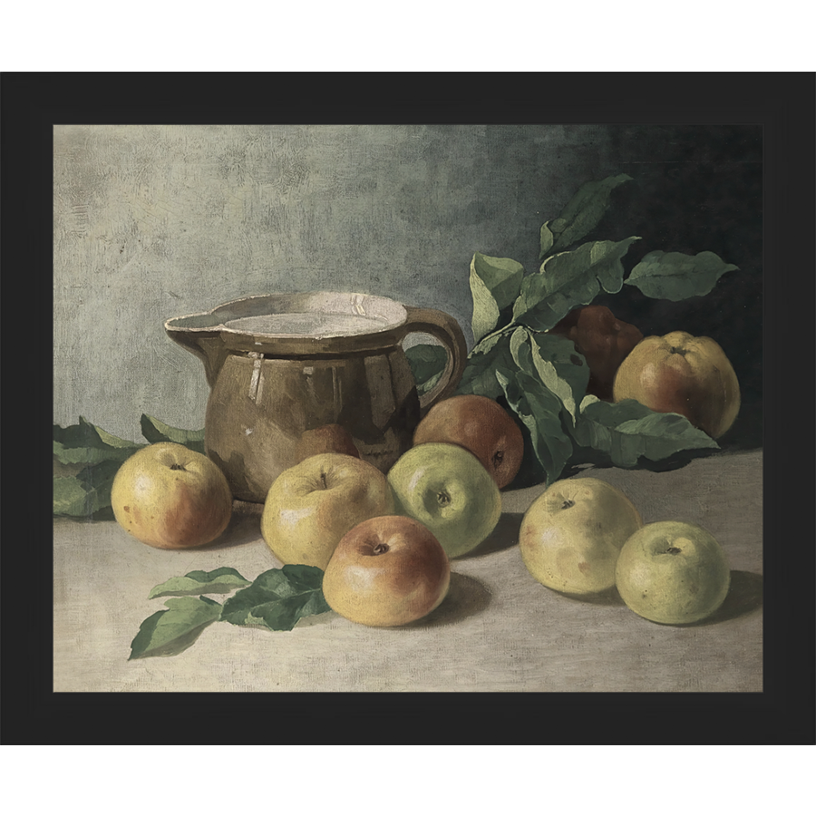 SA071-PITCHER & APPLES Hand framed in a matte black frame. Finished Size: W 11.25 in x H 9.25 in