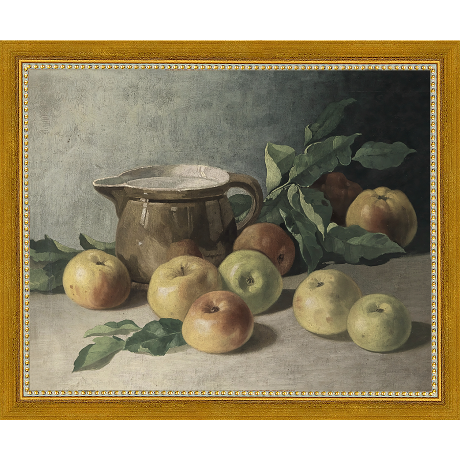 SA071-PITCHER & APPLES Hand framed in a transitional gold frame. Finished Size: W 11.25 in x H 9.25 in