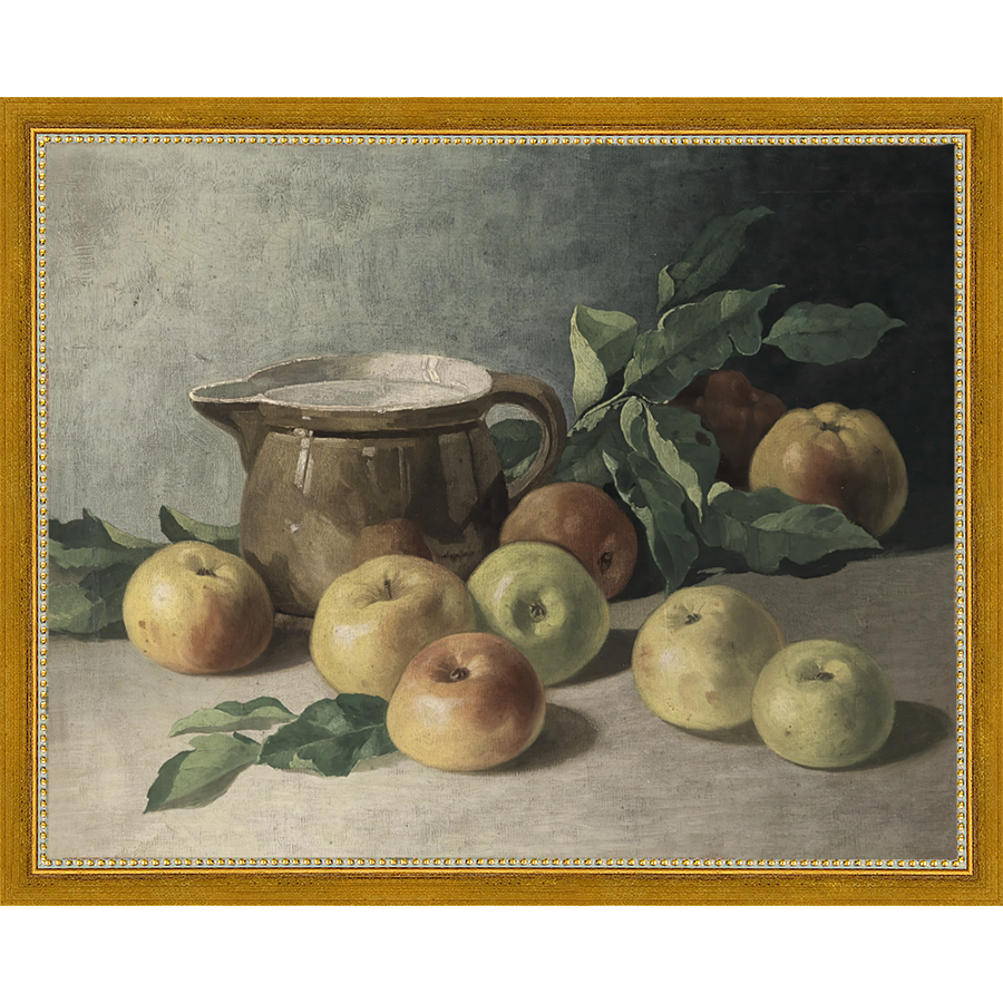 SA071-PITCHER & APPLES Hand framed in a transitional gold frame. Finished Size: W 15.25 in x H 12.25 in