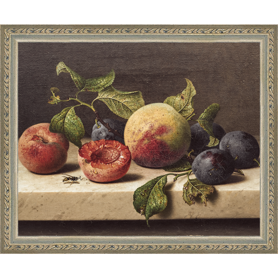 SA074-FRUIT STILL LIFE Hand framed in an ornate dark silver frame. Finished Size: W 11.25 in x H 9.25 in
