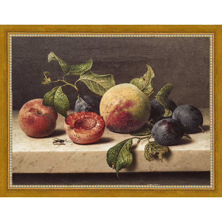 SA074-FRUIT STILL LIFE Hand framed in a transitional gold frame. Finished Size: W 13.25 in x H 10.25 in
