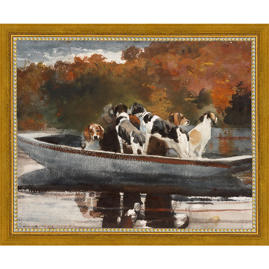 SA085-DOGS IN BOAT Hand framed in a transitional gold frame. Finished Size: W 11.25 in x H 9.25 in