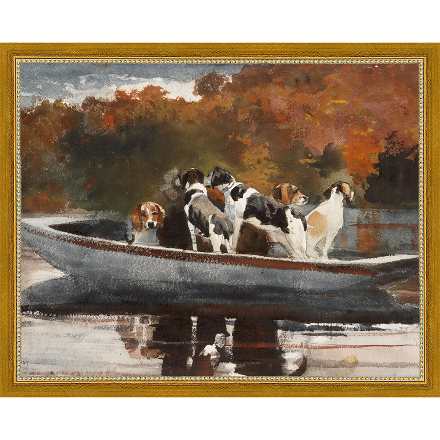 SA085-DOGS IN BOAT Hand framed in a transitional gold frame. Finished Size: W 15.25 in x H 12.25 in