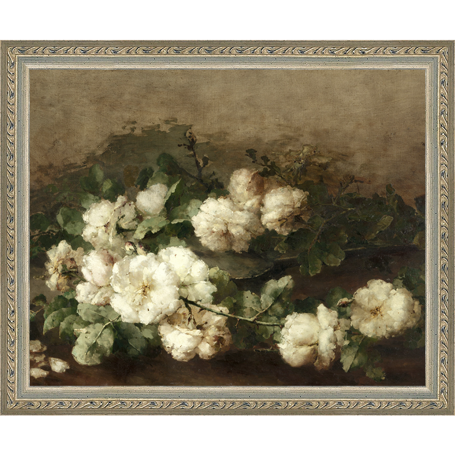 SA091-WHITE FLORAL STUDY Hand framed in an ornate dark silver frame. Finished Size: W 11.25 in x H 9.25 in