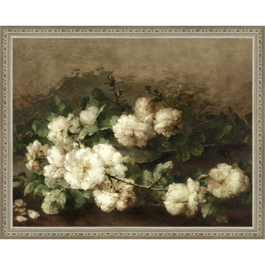 SA091-WHITE FLORAL STUDY Hand framed in an ornate dark silver frame. Finished Size: W 15.25 in x H 12.25 in