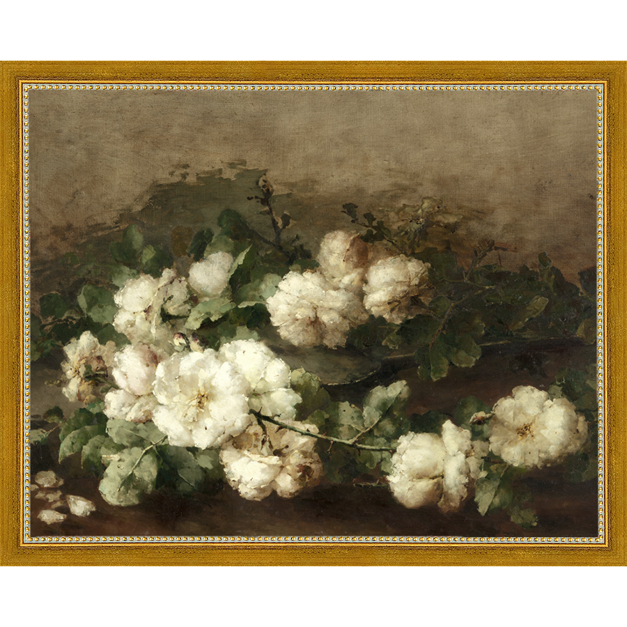 SA091-WHITE FLORAL STUDY Hand framed in a transitional gold frame. Finished Size: W 15.25 in x H 12.25 in