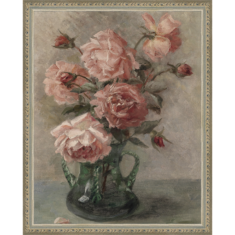 SA096-PINK FLORAL STUDY Hand framed in an ornate dark silver frame. Finished Size: W 12.25 in x H 15.25 in