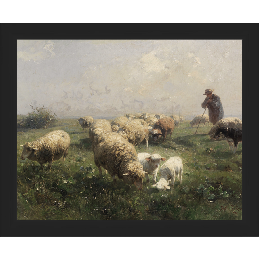 SA104-SHEEP IN THE MEADOW Hand framed in a matte black frame. Finished Size: W 11.25 in x H 9.25 in