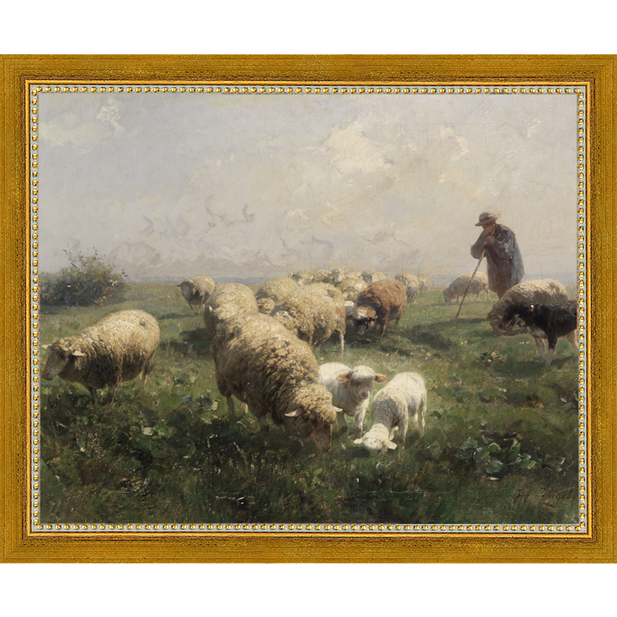 SA104-SHEEP IN THE MEADOW Hand framed in a transitional gold frame. Finished Size: W 11.25 in x H 9.25 in