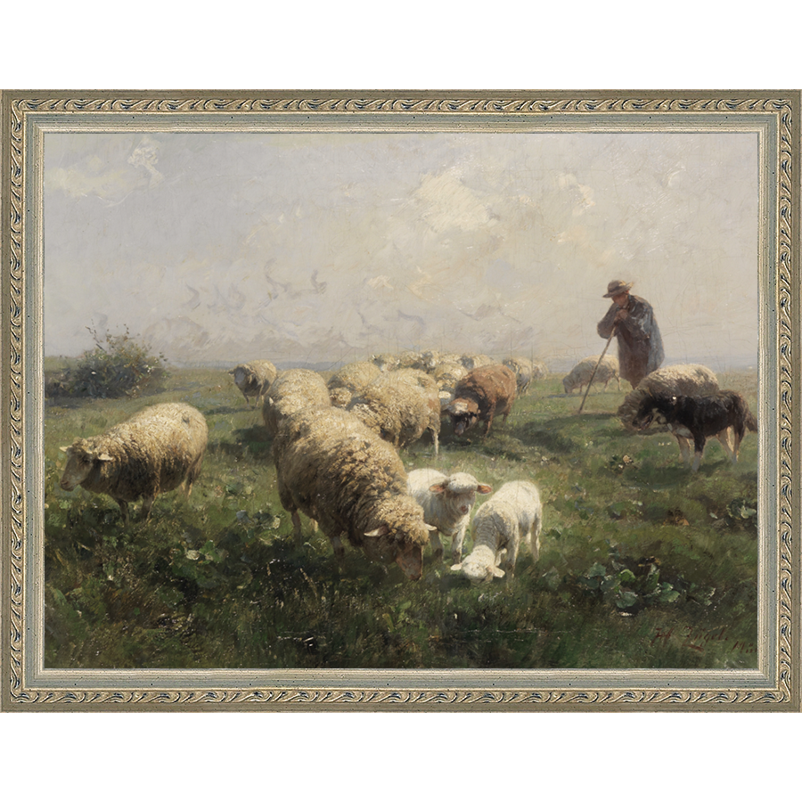 SA104-SHEEP IN THE MEADOW Hand framed in an ornate dark silver frame. Finished Size: W 13.25 in x H 10.25 in
