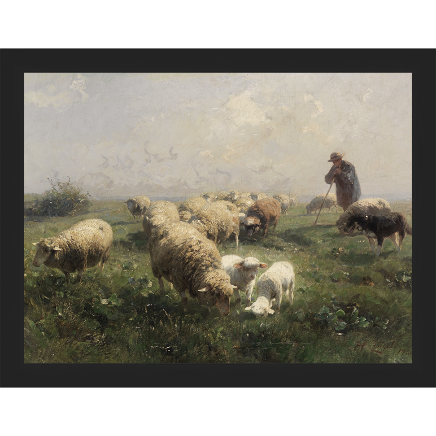 SA104-SHEEP IN THE MEADOW Hand framed in a matte black frame. Finished Size: W 13.25 in x H 10.25 in