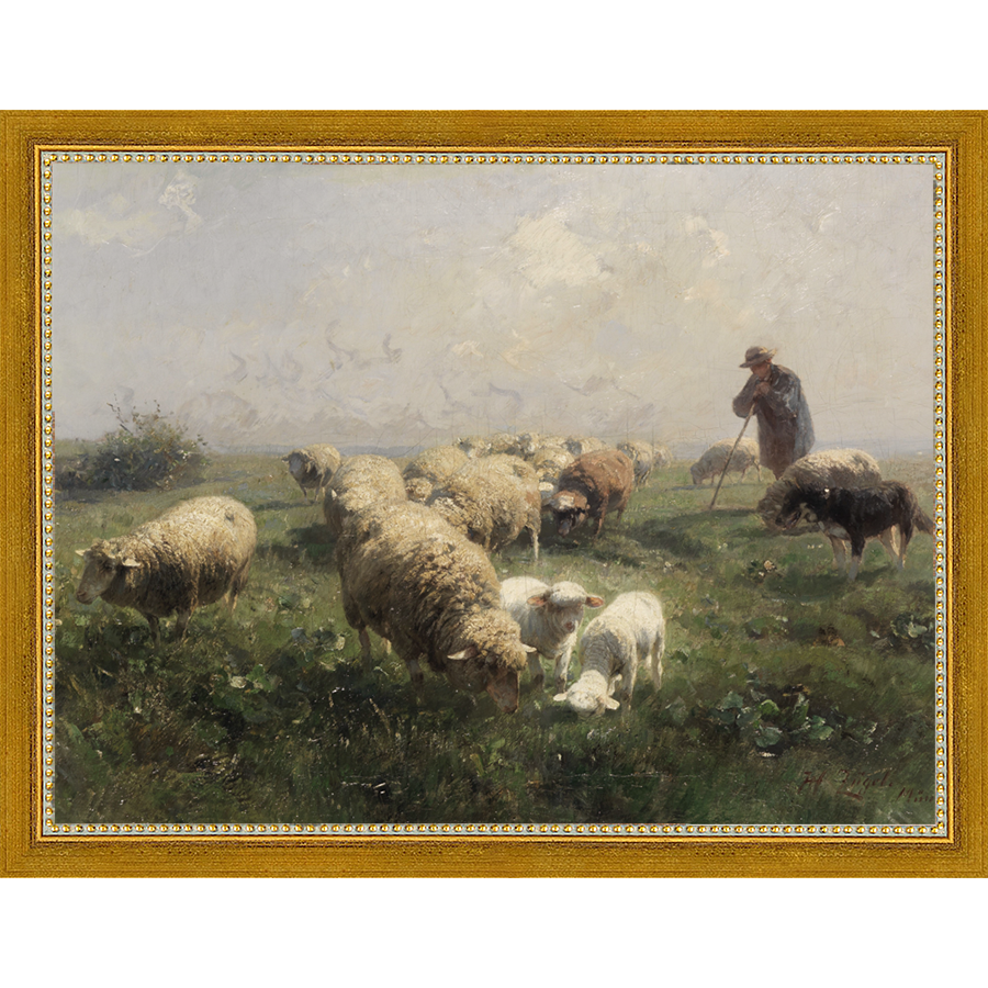 SA104-SHEEP IN THE MEADOW Hand framed in a transitional gold frame. Finished Size: W 13.25 in x H 10.25 in