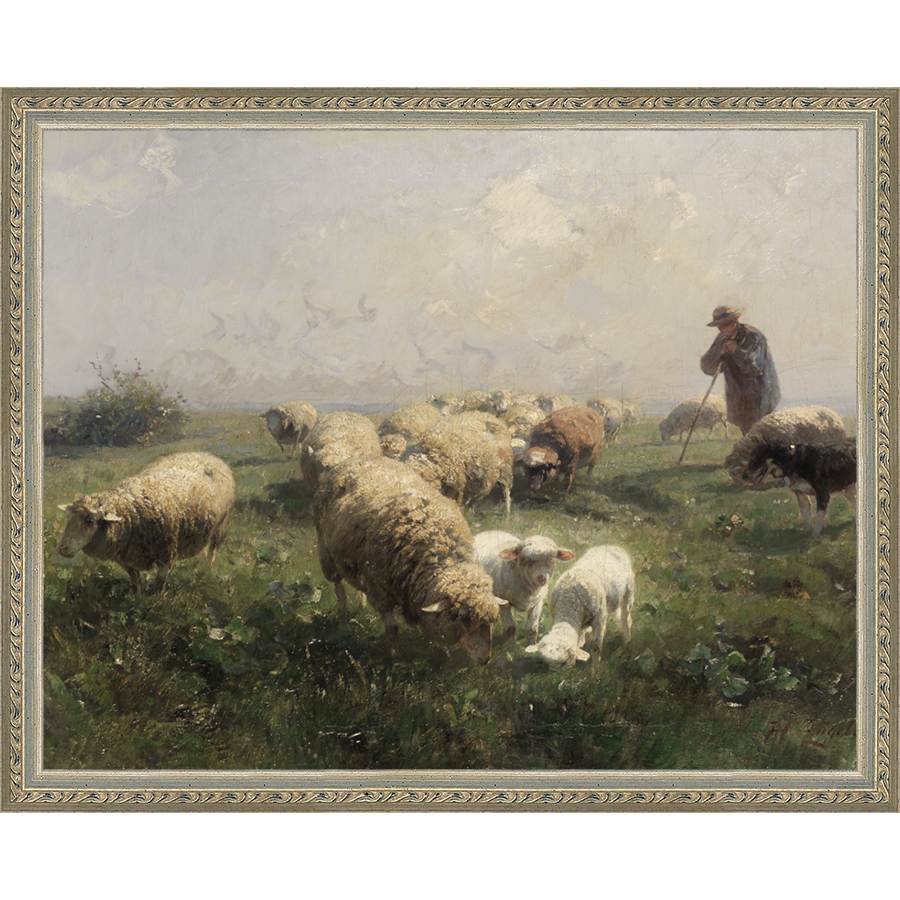 SA104-SHEEP IN THE MEADOW Hand framed in an ornate dark silver frame. Finished Size: W 15.25 in x H 12.25 in