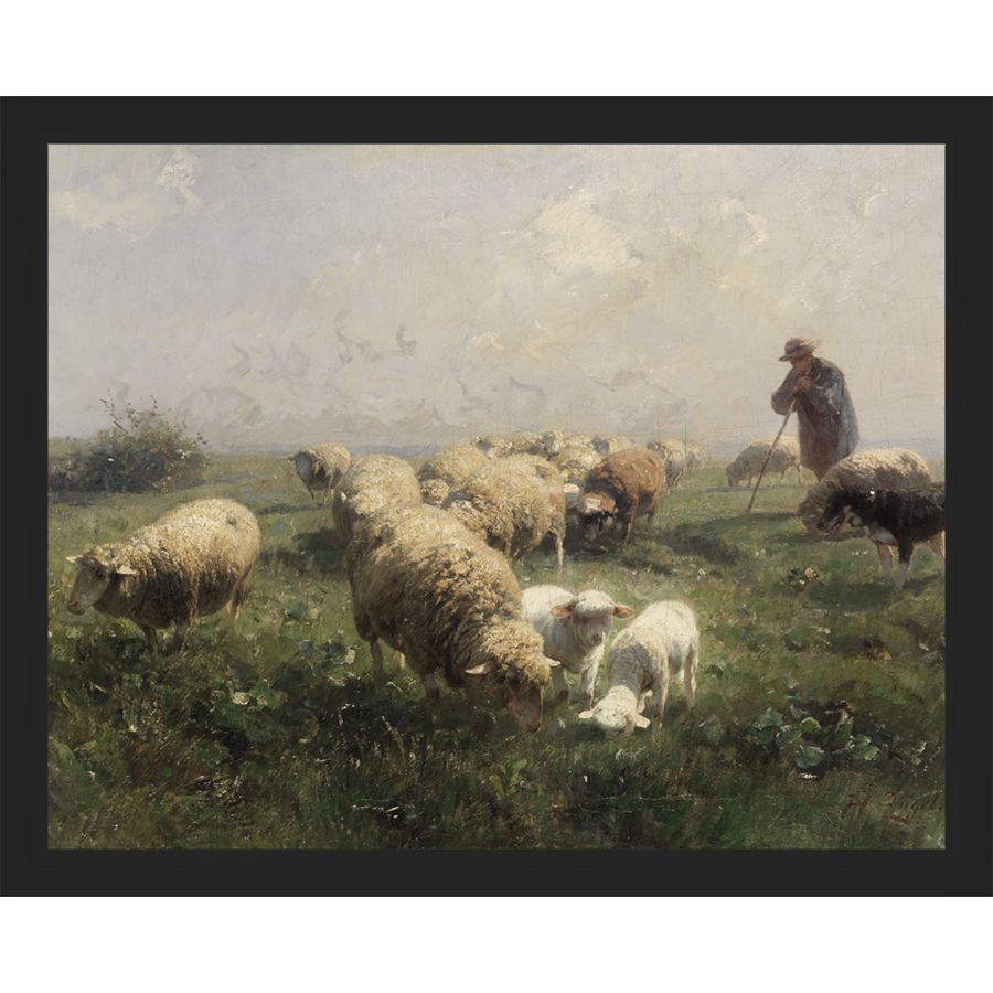 SA104-SHEEP IN THE MEADOW Hand framed in a matte black frame. Finished Size: W 15.25 in x H 12.25 in
