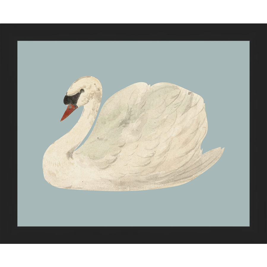 SA127-SWAN ON BLUE FIELD Hand framed in a matte black frame. Finished Size: W 11.25 in x H 9.25 in