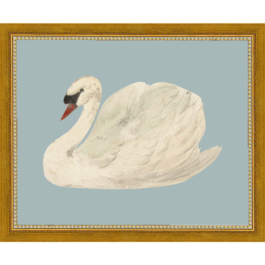 SA127-SWAN ON BLUE FIELD Hand framed in a transitional gold frame. Finished Size: W 11.25 in x H 9.25 in
