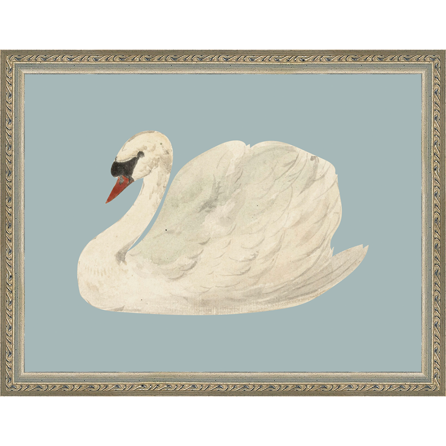 SA127-SWAN ON BLUE FIELD Hand framed in an ornate dark silver frame. Finished Size: W 13.25 in x H 10.25 in