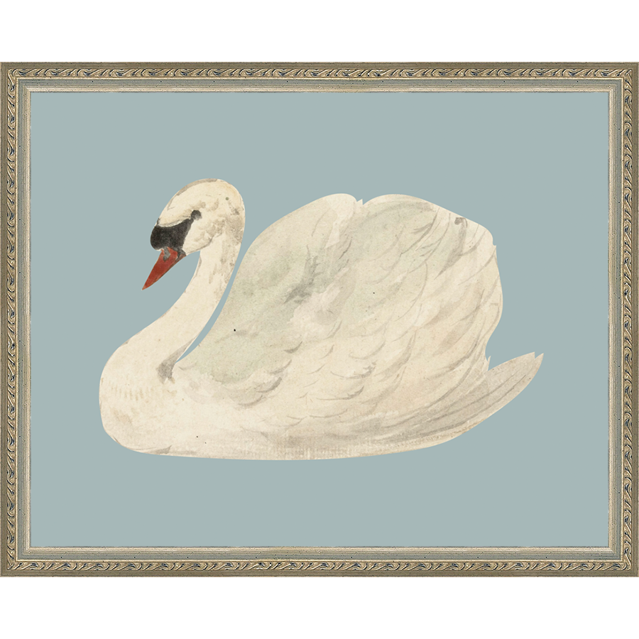 SA127-SWAN ON BLUE FIELD Hand framed in an ornate dark silver frame. Finished Size: W 15.25 in x H 12.25 in