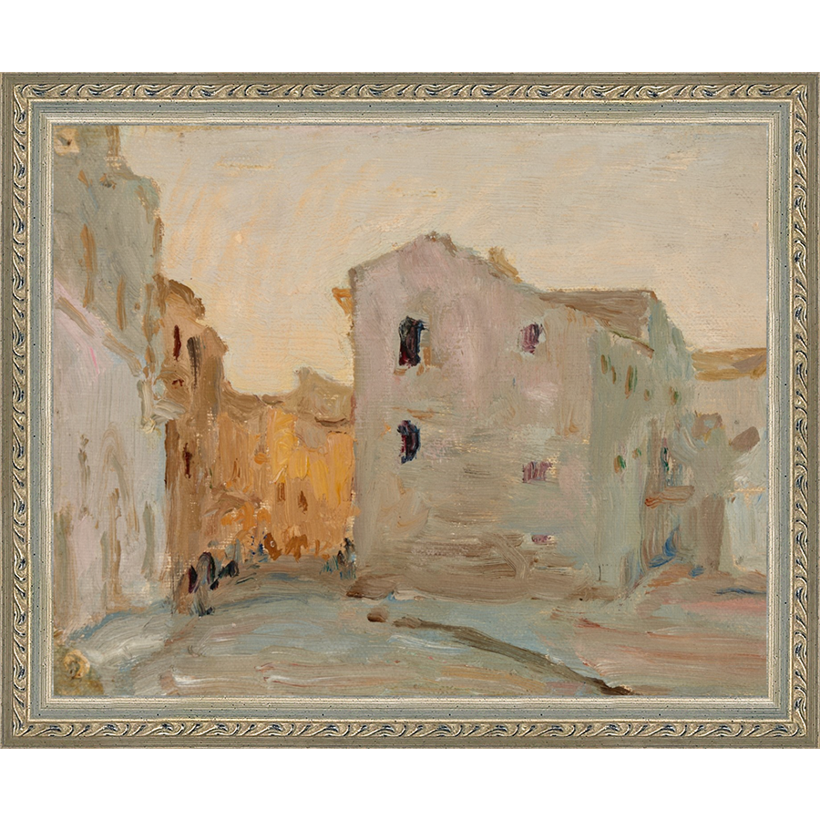 SA138-VILLAGE AT DUSK Hand framed in an ornate dark silver frame. Finished Size: W 11.25 in x H 9.25 in