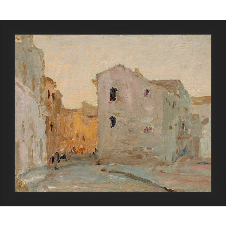SA138-VILLAGE AT DUSK Hand framed in a matte black frame. Finished Size: W 11.25 in x H 9.25 in