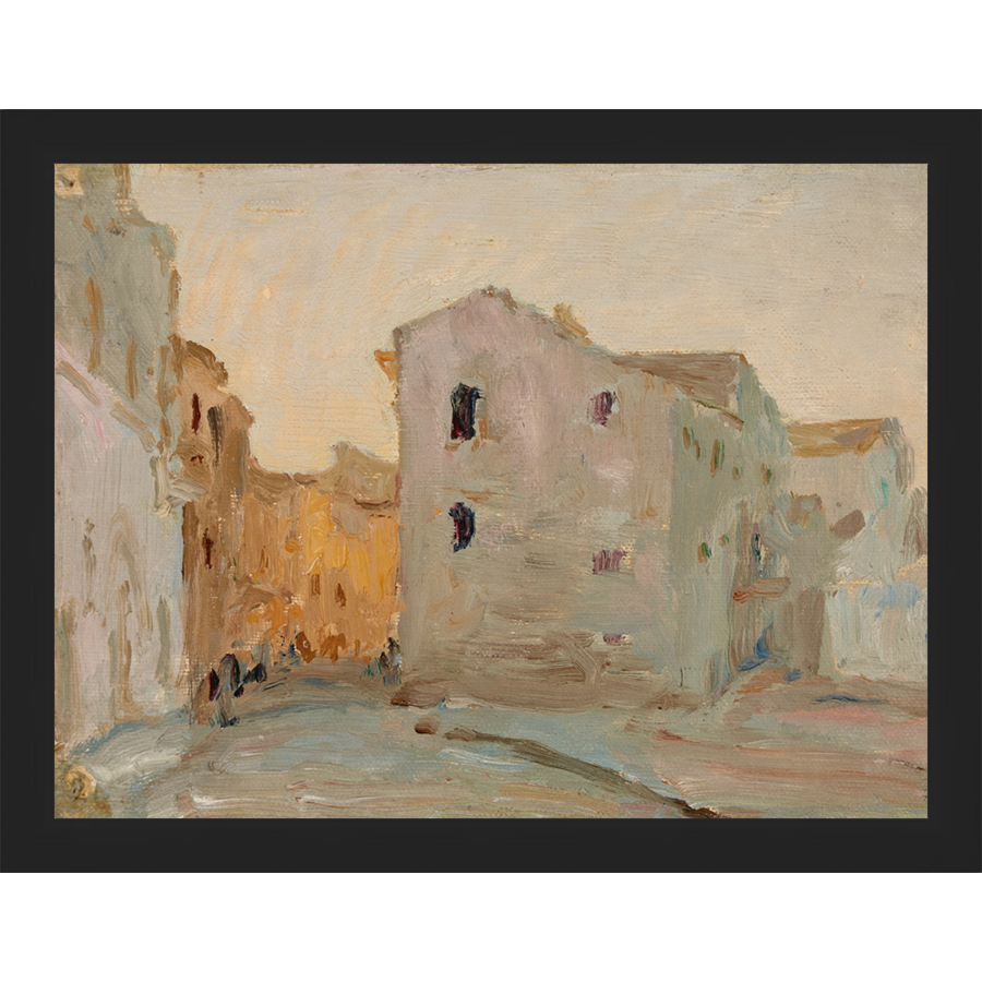 SA138-VILLAGE AT DUSK Hand framed in a matte black frame. Finished Size: W 13.25 in x H 10.25 in