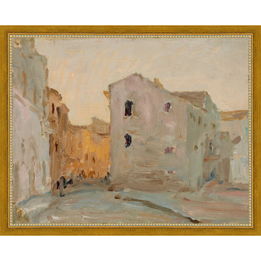 SA138-VILLAGE AT DUSK Hand framed in a transitional gold frame. Finished Size: W 15.25 in x H 12.25 in