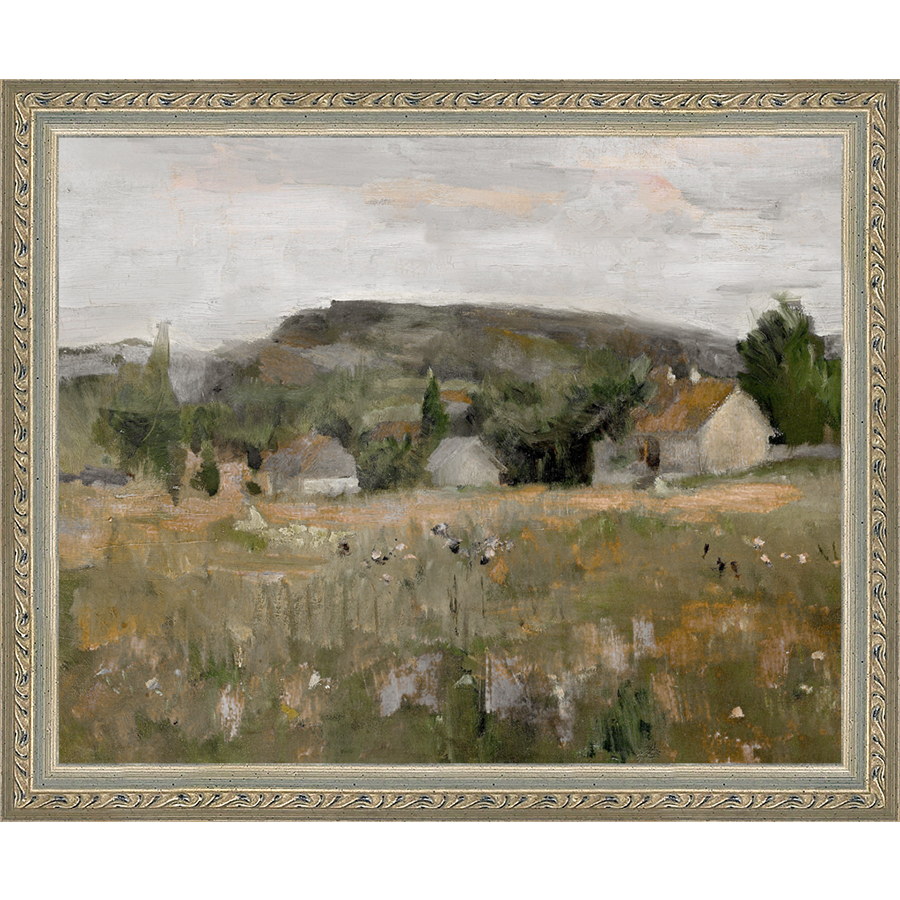 SA148-COUNTRY FARM Hand framed in an ornate dark silver frame. Finished Size: W 11.25 in x H 9.25 in
