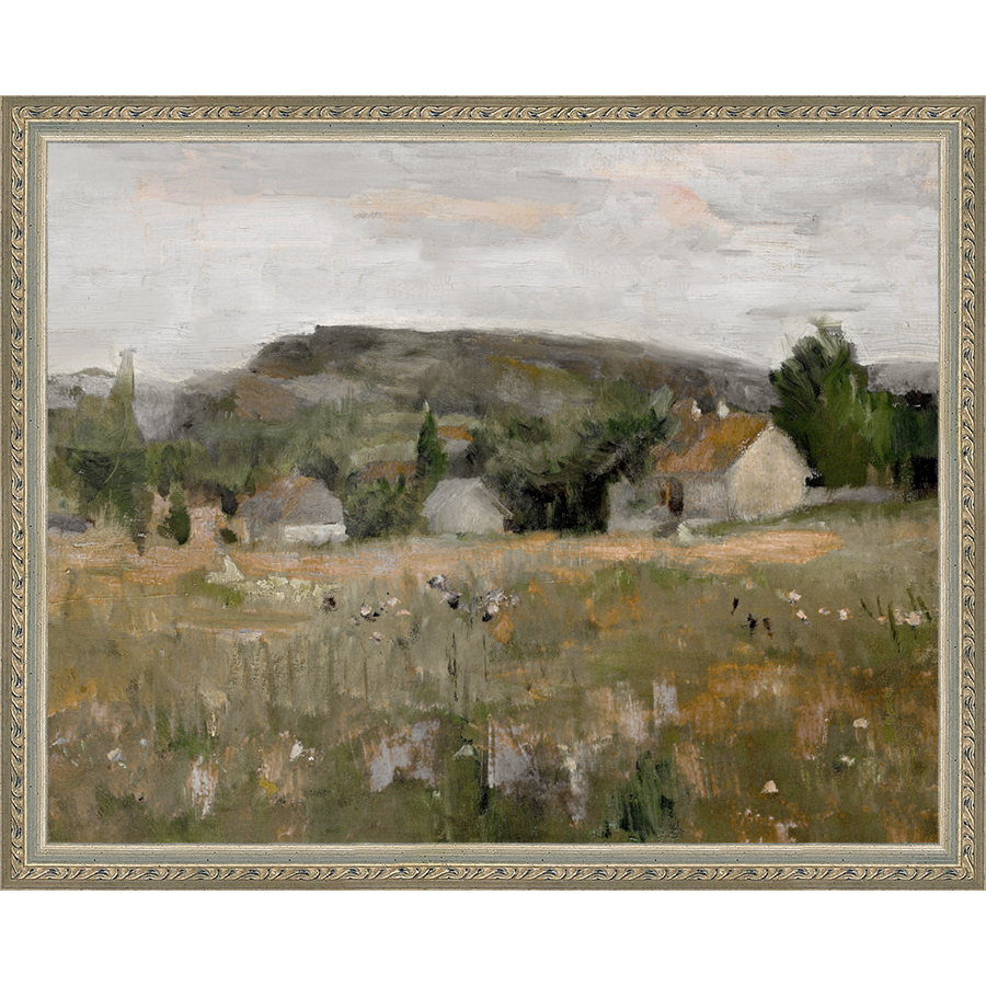 SA148-COUNTRY FARM Hand framed in an ornate dark silver frame. Finished Size: W 15.25 in x H 12.25 in
